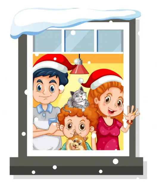 Vector illustration of View through the window of family in Christmas theme