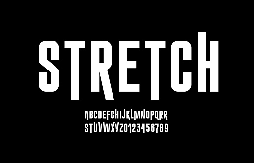 Stretch font, narrow alphabet, modern letters and numbers, for your designs: logo, movie banner, cinema poster, header, title, vector illustration 10EPS