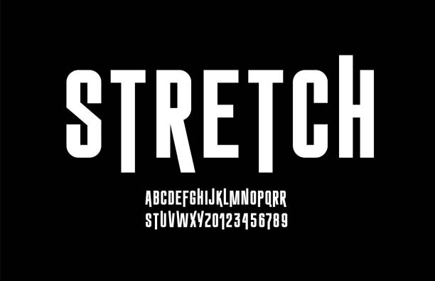 Stretch font, narrow alphabet, modern letters and numbers, for your designs: logo, movie banner, cinema poster, header, title, vector illustration 10EPS Stretch font, narrow alphabet, modern letters and numbers, for your designs: logo, movie banner, cinema poster, header, title, vector illustration 10EPS crazy logo stock illustrations