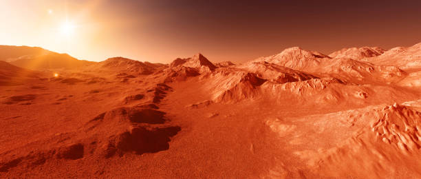 istock Mars planet landscape, 3d render of imaginary mars planet terrain 1420453724