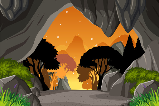 Inside cave landscape in cartoon style illustration