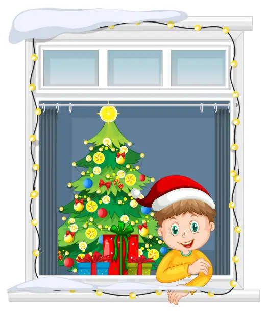 Vector illustration of View through the window of cartoon character in Christmas theme