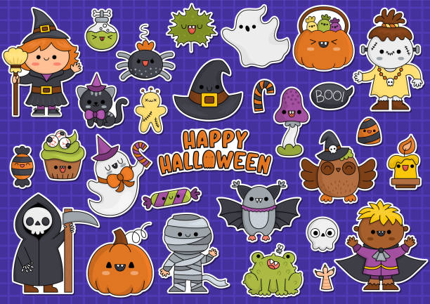 ilustraciones, imágenes clip art, dibujos animados e iconos de stock de pegatinas vectoriales de halloween con lindos personajes kawaii. clipart de fiesta tradicional de samhain para niños. colección de miedo con linterna de calabaza, araña, fantasma, calavera, murciélago. conjunto de iconos de dibujos animados de vacacion - witch halloween cauldron bat