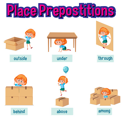 Prepostion wordcard design with girl and boxes illustration