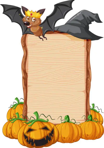 Vector illustration of Blank wooden signboard with bat in halloween theme