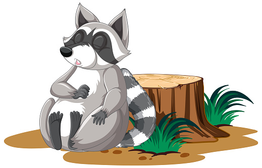 Cute cartoon raccoon sleeping with stump on white background illustration
