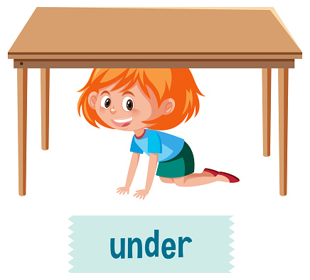 Preposition Of Place With Cartoon Girl And A Table Stock Illustration -  Download Image Now - Below, Child, Table - iStock