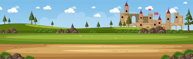 Landscape scene with medieval castle illustration