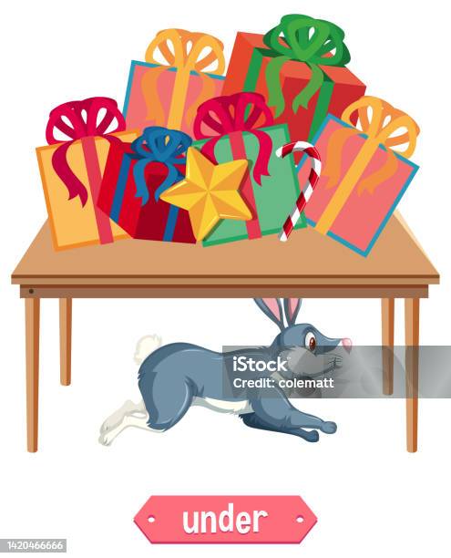 Preposition Wordcard With Dinosaur Under Table Stock Illustration -  Download Image Now - Activity, Alphabet, Animal - iStock