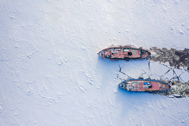 Icebreakers on Vistula river crushes the ice, 2020-02-18, Poland stock photo