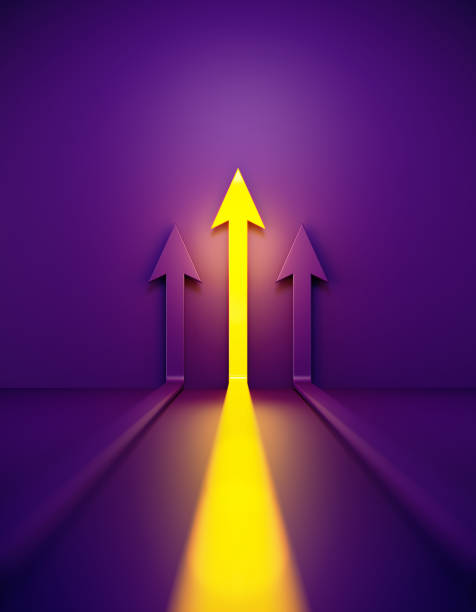 istock Yellow And Purple Arrows Glowing Before Purple Background 1420468672
