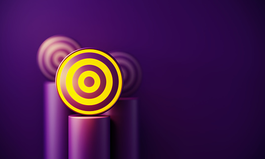 Yellow target glowing before purple background. Horizontal composition with copy space. Standing out from the crowd concept.