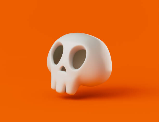 Simple halloween cartoon human skull 3d render illustration. Isolated object on yellow background