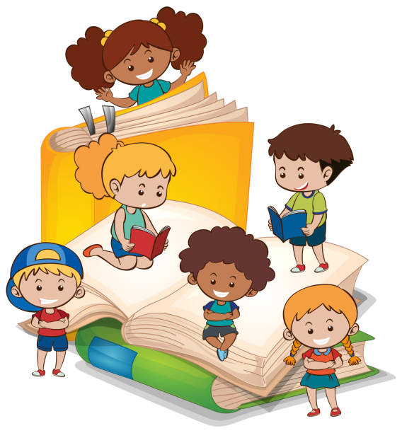 한 어린이가 책 더미에서 책을 읽고 있습니다. - child book reading offspring stock illustrations