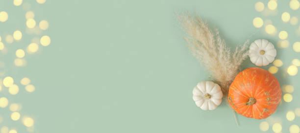 istock Autumn composition. Green desk with pumpkins and dried pampas grass. Flat lay, top view, copy space. Nordic, hygge, cozy home concept. Thanksgiving fall decoration. Halloween Modern Invitation Mock up 1420471869