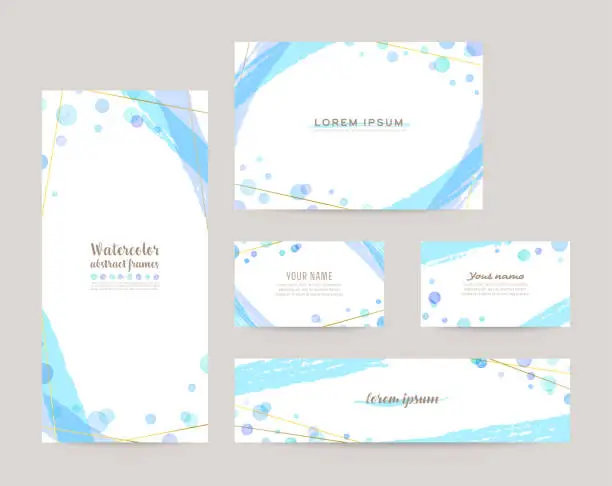 Vector illustration of Vector design templates with colorful watercolor bubbles, gold lines; leaflet cover, card, business cards, banner (blue)