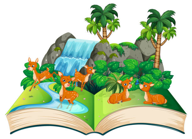 istock Book with scene of deers sitting by the river 1420473684