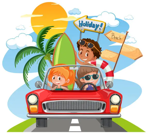 Vector illustration of Children in classic car with holiday theme