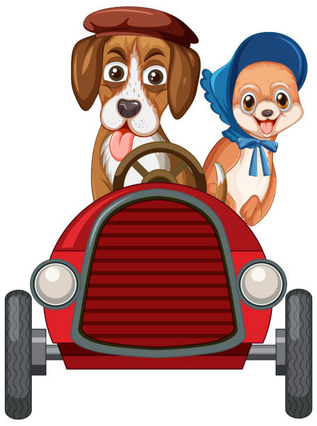 istock Funny dog cartoon character driving car on white background 1420475478