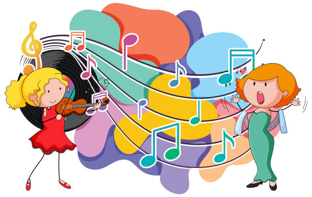 istock Happy children playing violin and sing with music notes on white background 1420476091