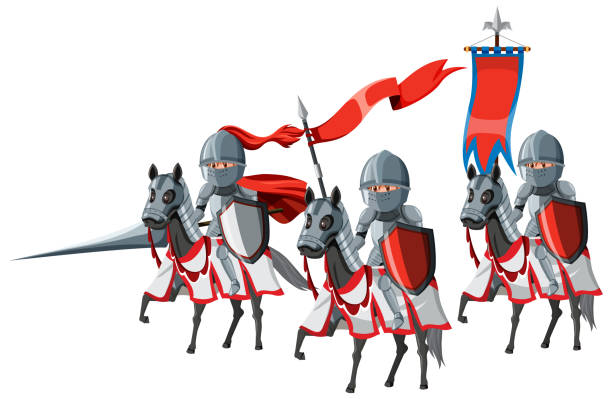 istock Group of medieval knights on horseback on white background 1420478050