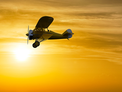 Biplane silhouette in sky. High resolution digitally generated image