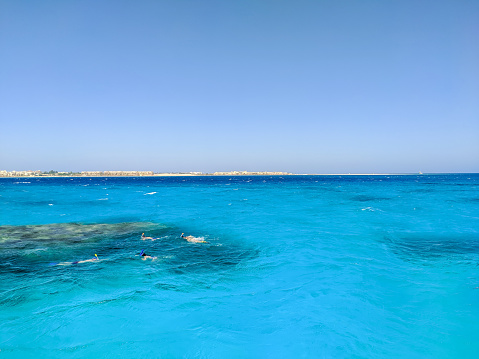 People swim and snorkel near a coral reef in the azure red sea. Copy space. Hurghada, Egypt.