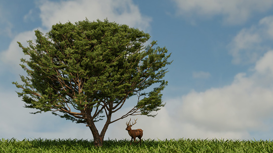A red deer under a tree, 3d rendering