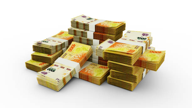 istock Stack of Argentine peso notes. 3D rendering of bundles of banknotes 1420488565