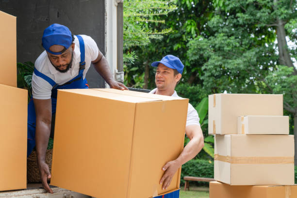 istock Man movers worker in blue uniform unloading cardboard boxes from truck.Professional delivery and moving service. 1420489453