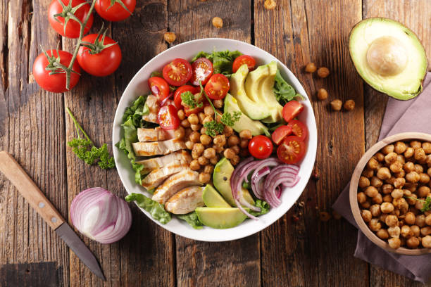 istock buddha bowl- vegetable salad with grilled chicken sliced 1420489763