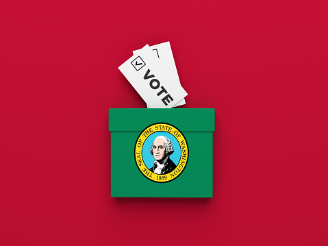 American election concept. Washington election vote box on red color background. Horizontal composition. Isolated with clipping path.