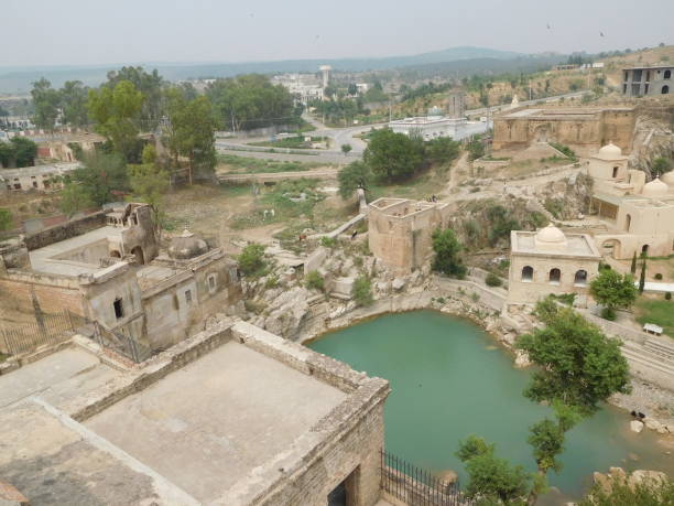 Katas Raj temples are located in District Chakwal of Punjab, Pakistan. This is a temple complex and we see temples of Hindu, Buddhist and Jain era. This is famous tourist attraction. It is easily accessible from Islamabad through M-2 Islamabad-Lahore Motorway. complejo de templos katas raj. vista aérea de templos y estanque sagrado. qila katas. templos hindúes, budistas y jainistas de shri katas raj ubicados en chakwal, potohar, punjab, pakistán. sitios arqueológicos y arquitectura gandhara de la india y pak