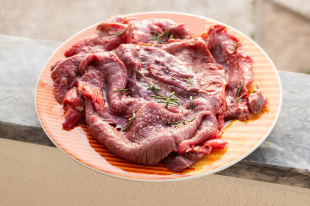 istock raw meat with marinate and herbs on dish 1420494669