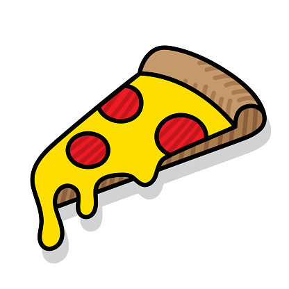 Vector illustration of a hand drawn pizza slice against a white background.