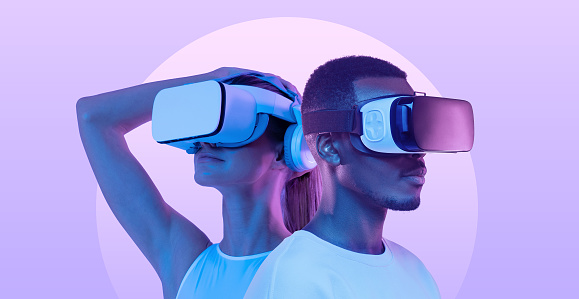 Metaverse people, banner of couple, man and woman wearing virtual reality headsets, exploring immersive VR world, playing ar online game together
