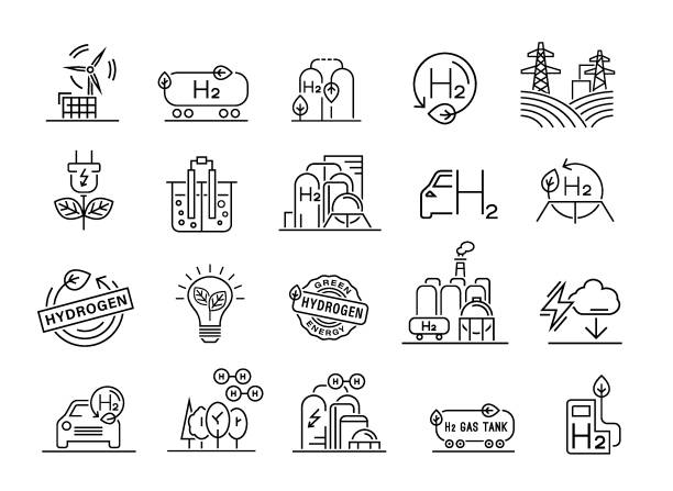 Green hydrogen production. Icons collection in black color Green hydrogen production. Renewable energy source. Ecological energy. Zero emissions. Ecology, global warming signs set, icons collection. Editable vector illustration. Scientific H2 pictogram h2o model stock illustrations