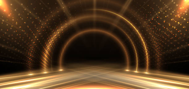 黒い背景に輝くエレガントな金色のステージサークルが照明効果で輝きます。テンプレートプレミアムアワードデザイン。 - party background video点のイラスト素材／クリップアート素材／マンガ素材／アイコン素材