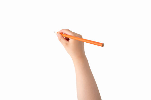High angle shot of child hand draws over white background