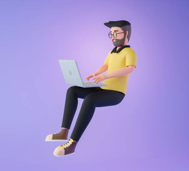 istock Cartoon character men floating and using computer laptop for working from home or online, concept of technology. 3d render illustration. 1420505319