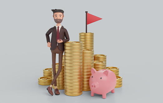 Cartoon character man leaning on a huge stack of gold coins. businessman, financial consulting, savings concept, piggy. 3d render illustration.