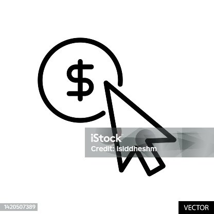 istock Pay per click, PPC with USD, American dollar sign, Cost per click vector icon in line style design isolated on white background. Editable stroke. 1420507389