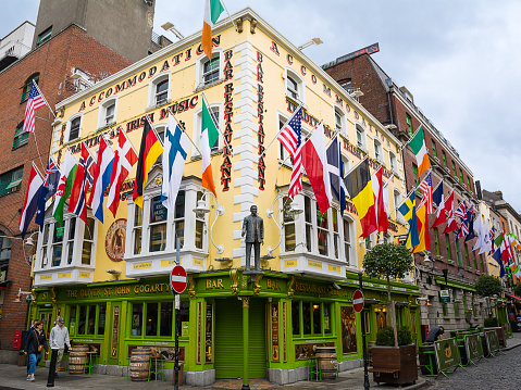 Dublin, Ireland - May 22, 2022: Restourant and accomodation in Temple Bar quarter in the centre of Dublin, Ireland.