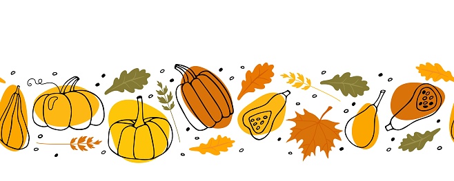 Seamless border with Pumpkin, falling oak and maple leaves. Hand drawn autumn vector backdrop. Thanksgiving or Halloween Repeated vector illustration for wallpaper, wrapping, textile, scrapbooking