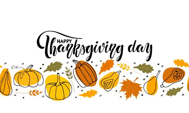 ilustrações de stock, clip art, desenhos animados e ícones de happy thanksgiving day seamless border with pumpkin, falling oak and maple leaves. hand drawn autumn vector backdrop. thanksgiving repeated vector illustration for wallpaper, wrapping, scrapbooking. - vector thanksgiving fall holidays and celebrations