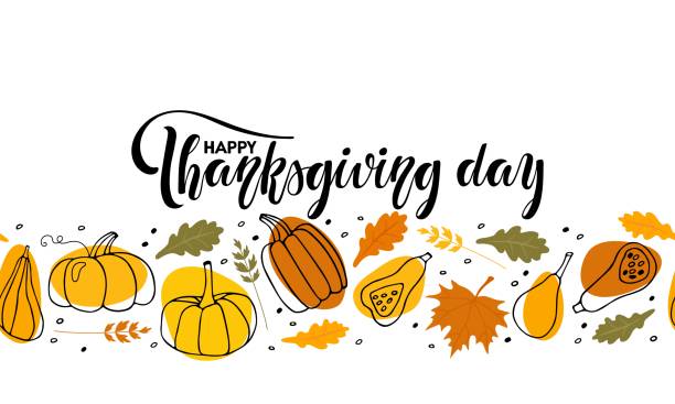 happy thanksgiving day seamless border with pumpkin, falling oak and maple leaves. hand drawn autumn vector backdrop. thanksgiving repeated vector illustration for wallpaper, wrapping, scrapbooking. - thanksgiving stock illustrations
