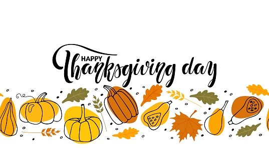 Happy Thanksgiving day Seamless border with Pumpkin, falling oak and maple leaves. Hand drawn autumn vector backdrop. Thanksgiving Repeated vector illustration for wallpaper, wrapping, scrapbooking