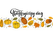 istock Happy Thanksgiving day Seamless border with Pumpkin, falling oak and maple leaves. Hand drawn autumn vector backdrop. Thanksgiving Repeated vector illustration for wallpaper, wrapping, scrapbooking. 1420514332