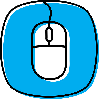 Vector illustration of a hand drawn computer mouse against a blue background.