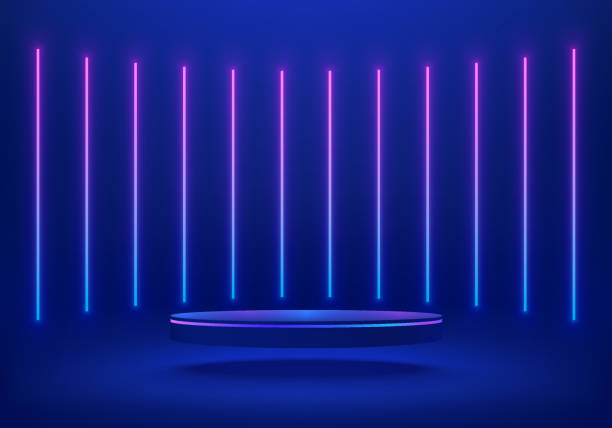 istock Abstract blue cylinder pedestal podium. Sci-fi blue abstract background with glowing vertical neon lamp lighting. Vector rendering 3d shape, Product display mockup. Futuristic scene. Stage showcase. 1420518255